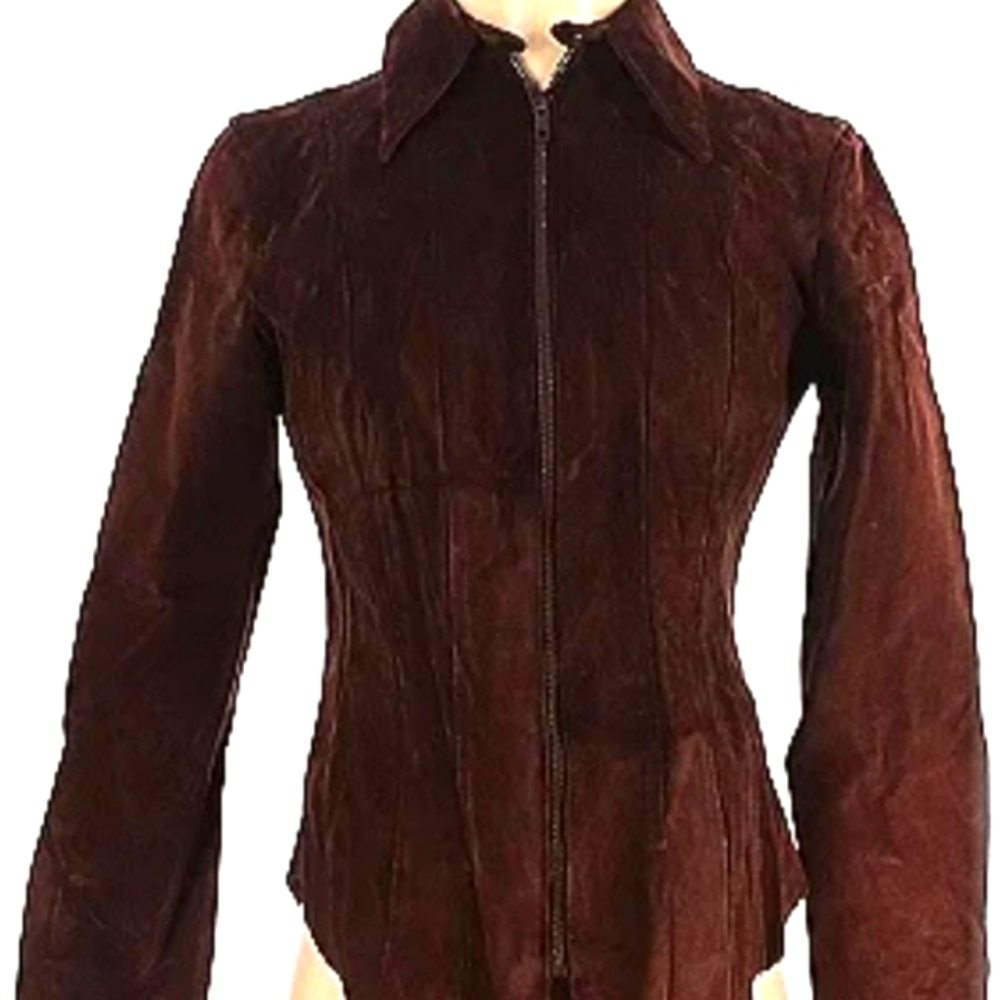 Nicole Miller Collection Size 4 fitted zip up jacket 100% Leather Suede Brown